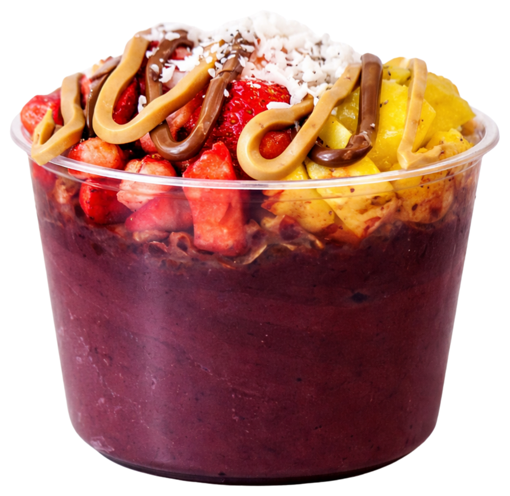 Chimba Açaí bowl topped with açaí, strawberry, mango, coconut, nutella