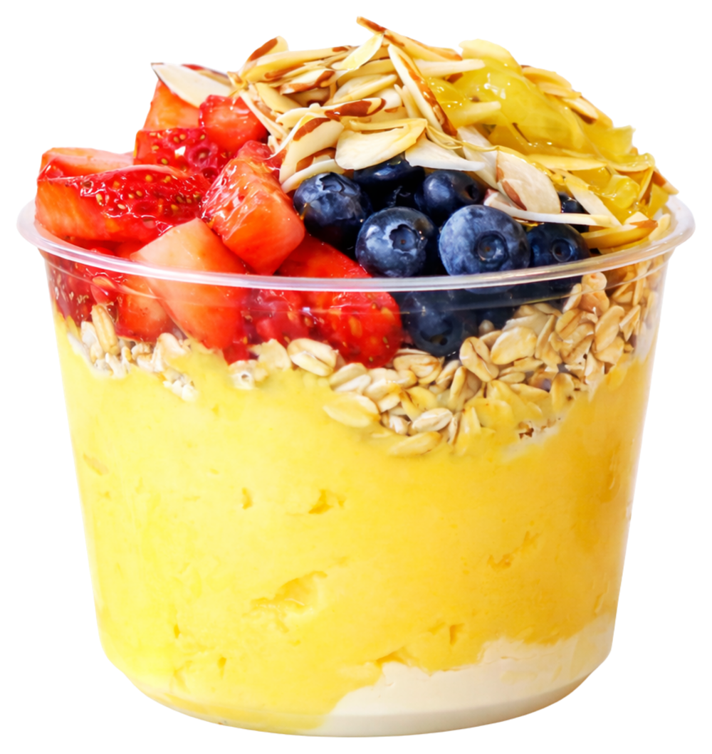 Chimba Mango bowl topped with mango, strawberry, blueberry, almonds, honey