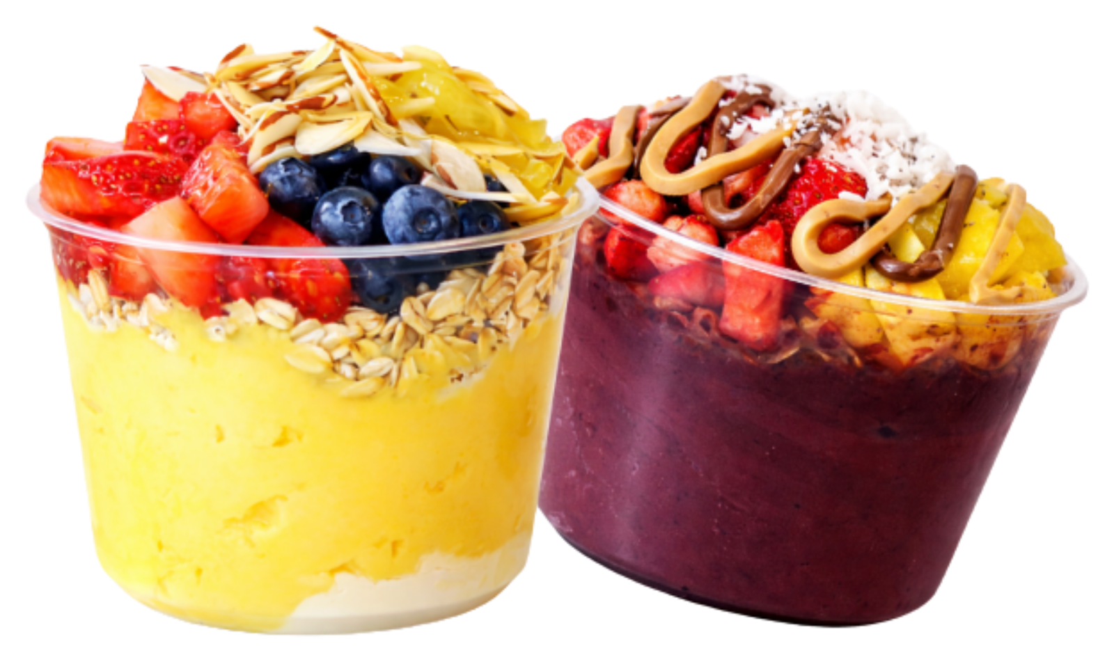 A mango bowl and an açaí bowl side by side, topped with fresh strawberry, blueberry, banana, granola and almonds